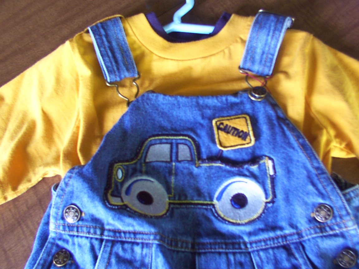 Denim shortall with truck and yellow tee